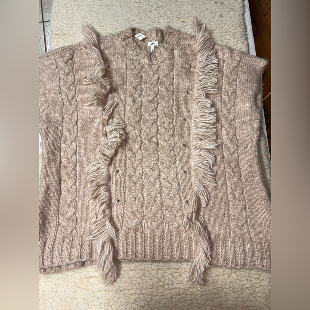 aerie Beige Cable Knit Fringe Sweater